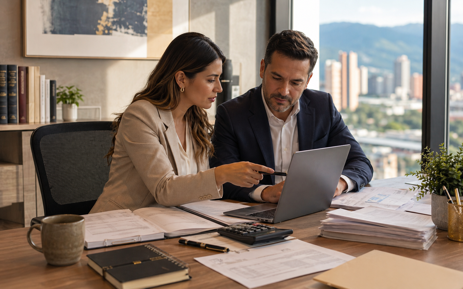 Abogada laboral revisando una liquidación con documentos y calculadora